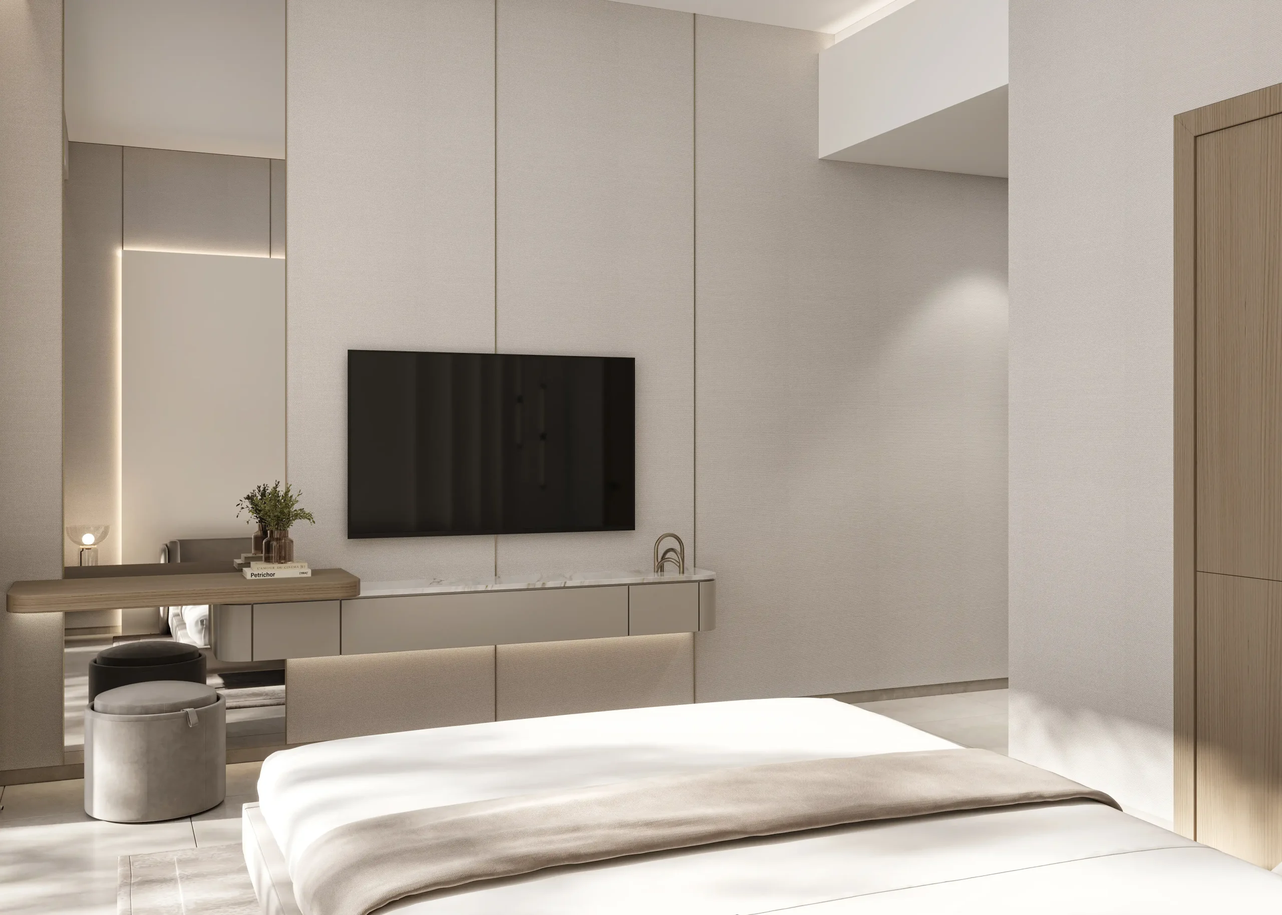 Custom bedroom media wall and furniture for a Dubai apartment